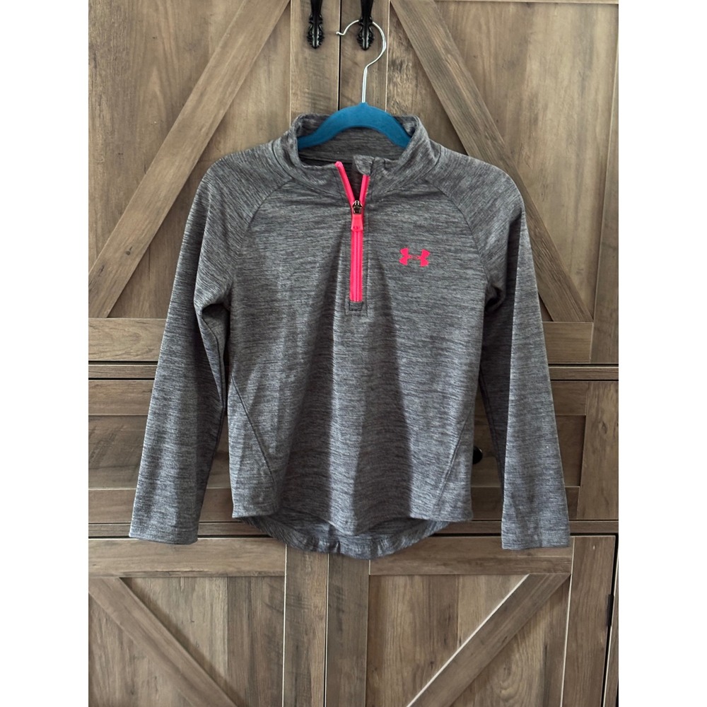 Under Armour Girls Size 5 Gray Space Dye Quarter Zip Pullover Neon Pink Logo